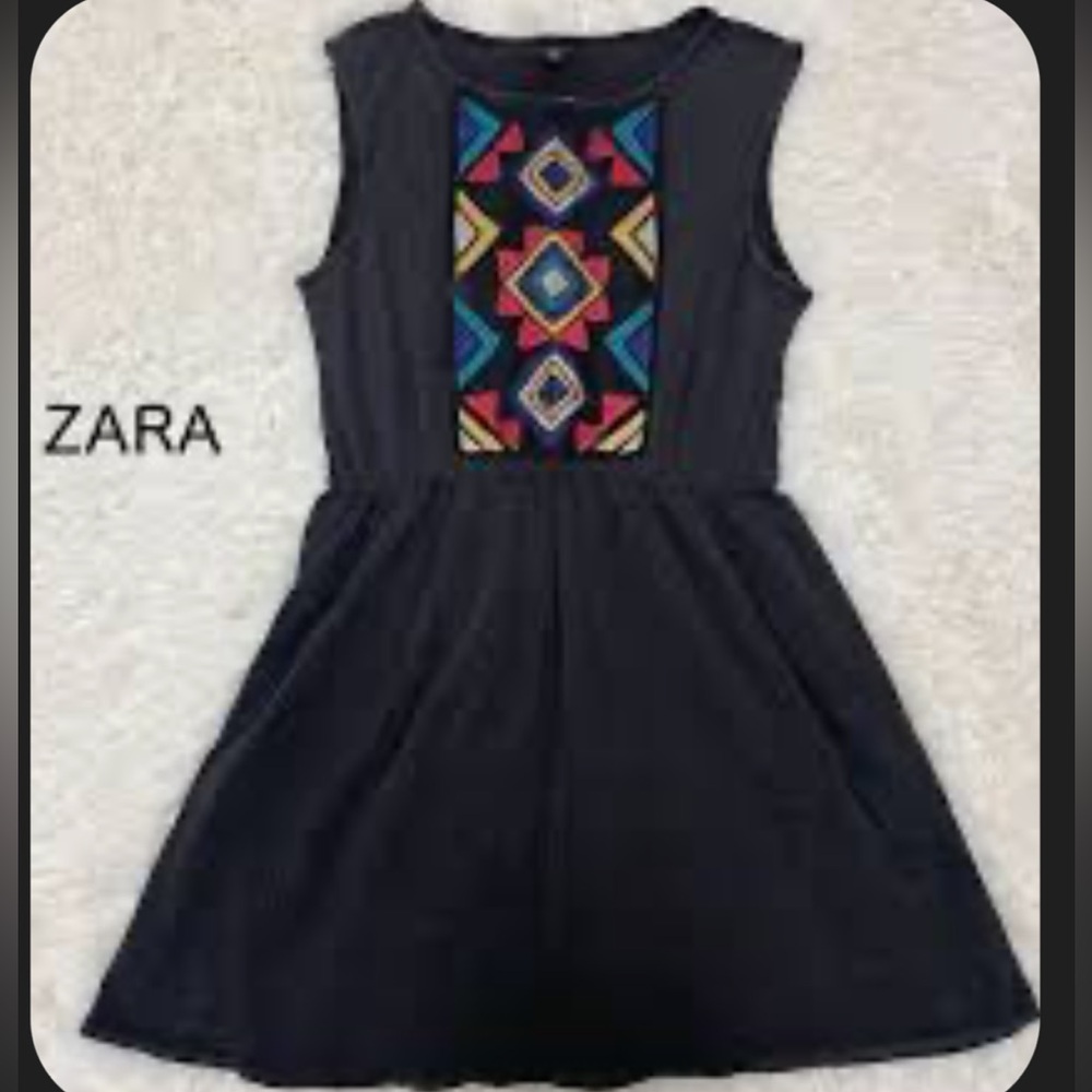 Zara Trafaluc Small midi beaded embroidered Black Dress with Geometric Pattern